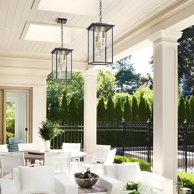 3-Color LED Outdoor Pendant Light with Remote, 3-Light 19" Large Outdoor Chandelier for Porch, Black Gold Exterior Pendant Lighting Fixtures Ceiling Mount Pendant Lantern for Patio Front Door-CasaMuseHome