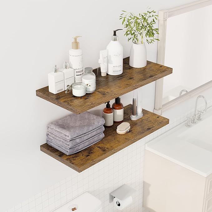 32" Floating Shelves for Wall, 12" Deep Slim Rustic Brown Floating Shelves, Wall-Mounted Shelves for Bedroom, Living Room, Kitchen, Bathroom - Set of 2-CasaMuseHome