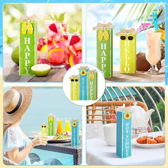 3 PCs Wooden Tiered Tray Decor Hello Happy Hot Summer Rustic Table Decor Block Signs for Beach Island Home Office Decorations (Summer-1)-CasaMuseHome
