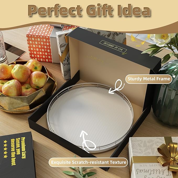 13" Lazy Susan Turntable Organizer for Table Top, Round Wooden Lazy Susan for Cabinet Kitchen Decor Centerpieces Coffee Table, Storage Condiments Spices, Bathroom Vanity Tray for Soap, White-CasaMuseHome