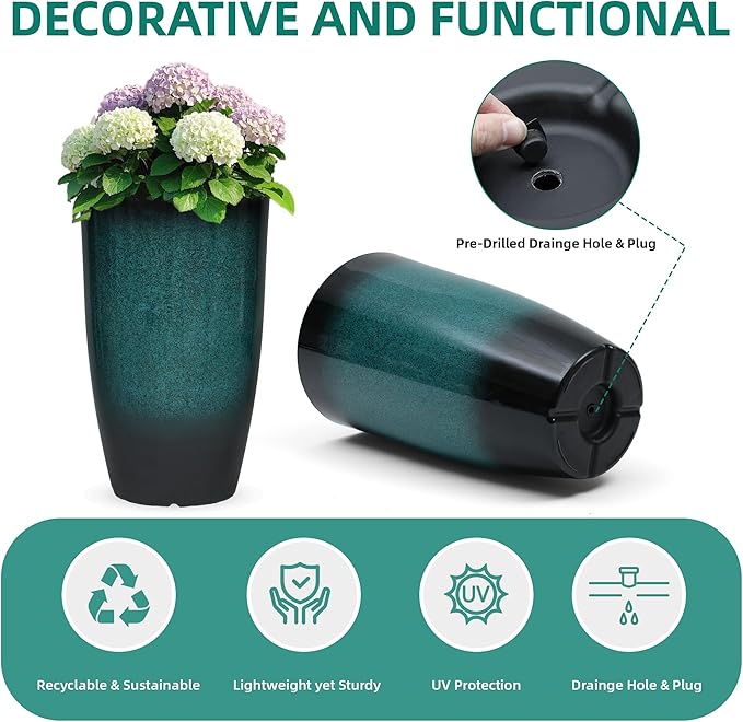 23.6" H Large Tall Outdoor Planters, Set of 2 Plastic Large Flower Pots for Outdoor Plants, with Gradient Turquoise Finish, Weather-Resistant for Porch, Garden, Patio or Indoor Use-CasaMuseHome