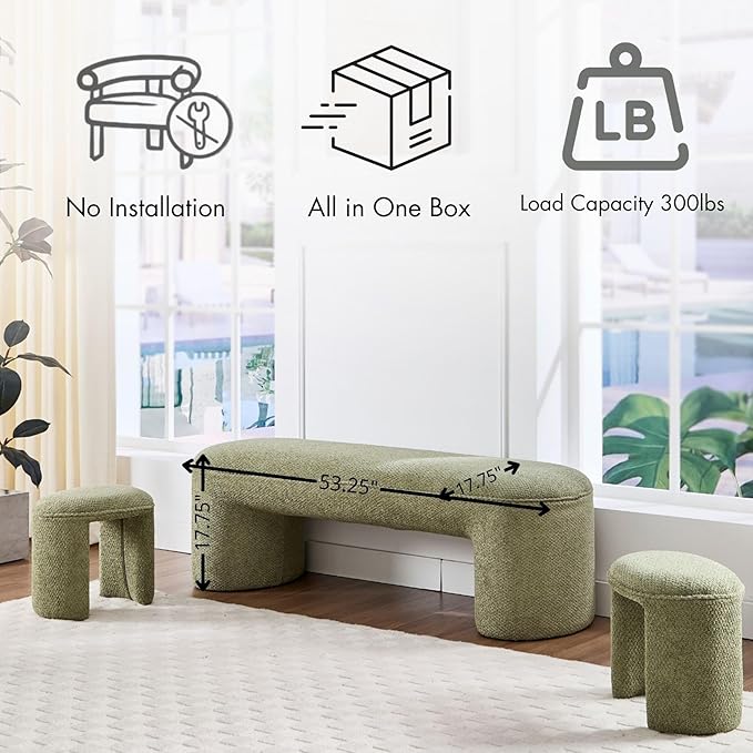 3-Piece 53" Comfy Upholstered Dining Bench with 2 Ottomans, Accent Waterfall Bench Modern End of Bed Entryway Bench Vanity Stool, Green Chenille-CasaMuseHome