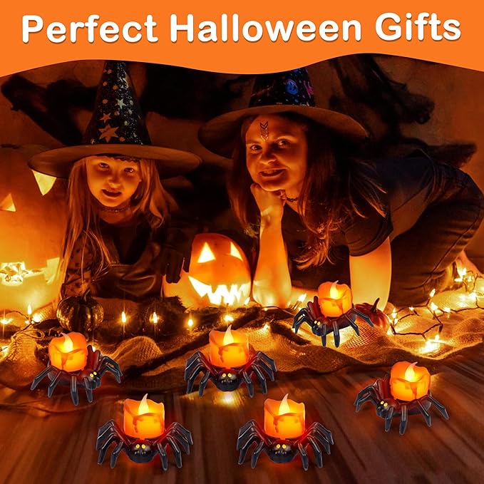 6 Pack Halloween Flameless Candles Battery Operated LED Spider Tealight Candles for Halloween Home Decorations, Light Up Halloween Decorations Indoor for Table Party Office Fireplace Halloween Gifts-CasaMuseHome