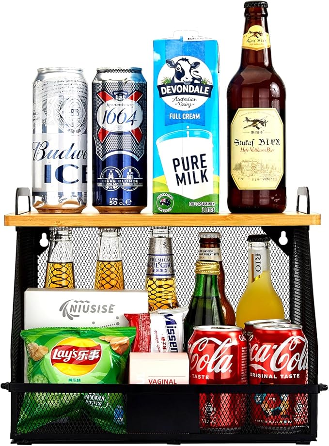 1 SET Large fruit basket for kitchen counter-stackable basket with Bamboo Tops & Tag,hanging wall baske,for Cabinet Shelf Countertop pantry storaget, onion potato Vegs Bread Food Organizing Bin,BLACK-CasaMuseHome