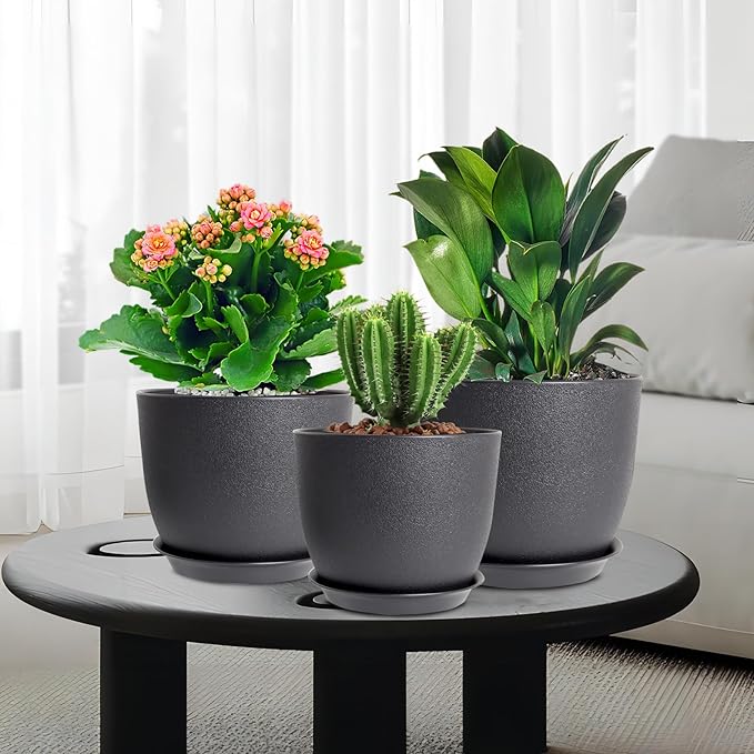 9/8/7.5 inch Plant Pots, Set of 3 Modern Decorative Plastic Planters with Drainage Holes and Tray, Flower Pots for Indoor Outdoor Plants, Black-CasaMuseHome