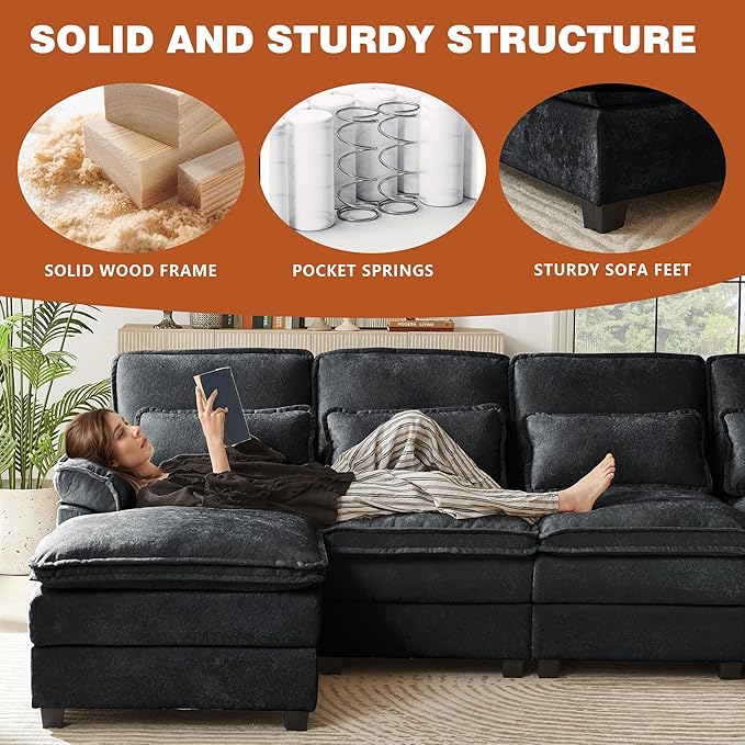 113" Oversized Cloud Couch, U Shape Sectional 4 Seat Sofa with Double Chaises, 2 Layer Cusions, Deep Seat Comfy Sofa, Upholstery Chenille Fabric for Living Room, Black-CasaMuseHome
