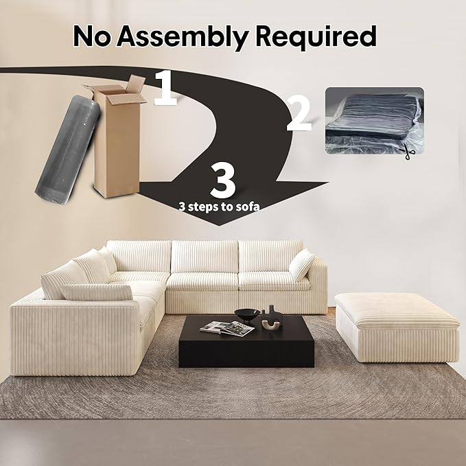 118" 6-Seater Cloud Sofa,Modular Sectional Couch with Ottoman,Modern Deep Seat Upholstered Couches with Plush Corduroy Fabric for Living Room Furniture,Bedroom and Apartment,No Assembly Required,White-CasaMuseHome