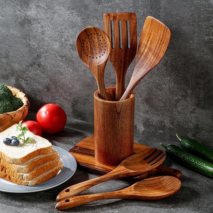 6 PCS Wooden Spoons for Cooking - Teak Wooden Cooking Utensils Set with Holder - Non-Stick, Soft Grip, Ergonomic Design - Natural Finish-CasaMuseHome