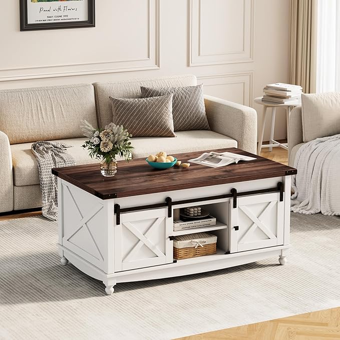 48" Farmhouse Lift Top Coffee Table with Storage Sliding Barn Door & Large Hidden Compartment, Coffee Table with Lifting Top with Wooden Lift Tabletop, Coffee Tables for Living Room, White-CasaMuseHome