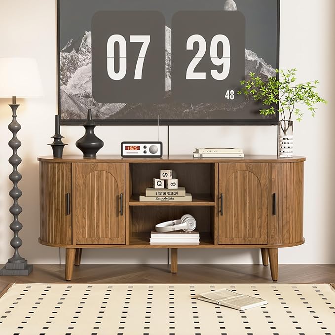 51" Fluted TV Stand, Mid-Century Modern Entertainment Center for Tvs up to 60" with Drawers and Fluted Doors, Curved TV Media Console Table with Sliding Doors for Living Room, Bedroom (51")-CasaMuseHome