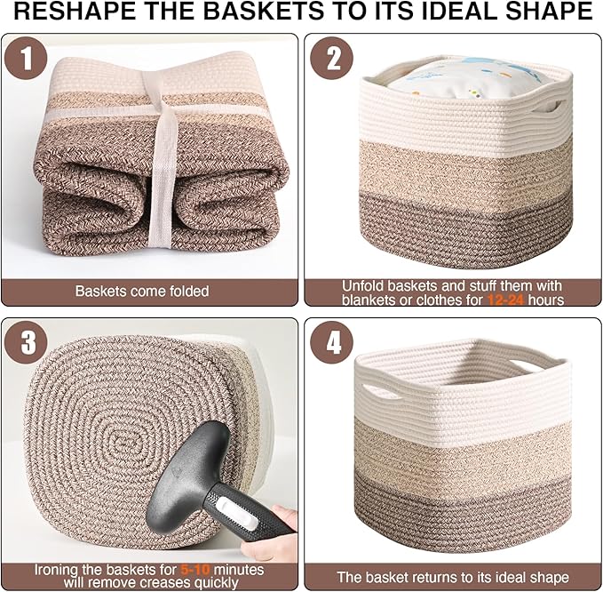 11 Inch Cube Storage Bins, Storage Cube Organizer Bins, Woven Cotton Rope Baskets for Storage, Storage Basket for Organizing Shelves, Square Baskets for Toys, Gradient Brown (Pack of 3)-CasaMuseHome