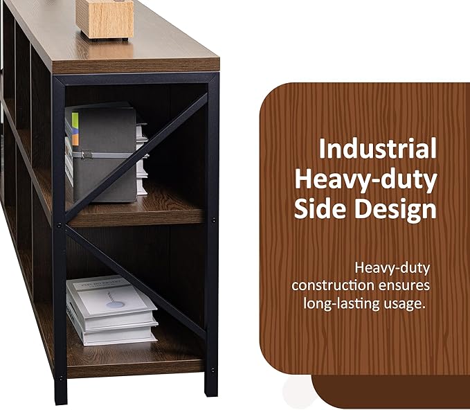 8 Cube Storage Organizer Bookshelf, Industrial Horizontal Bookcase, Accent Cubby Shelf, Media Console Table for Living Room, Home Office, 63 Inches, Brown Walnut-CasaMuseHome