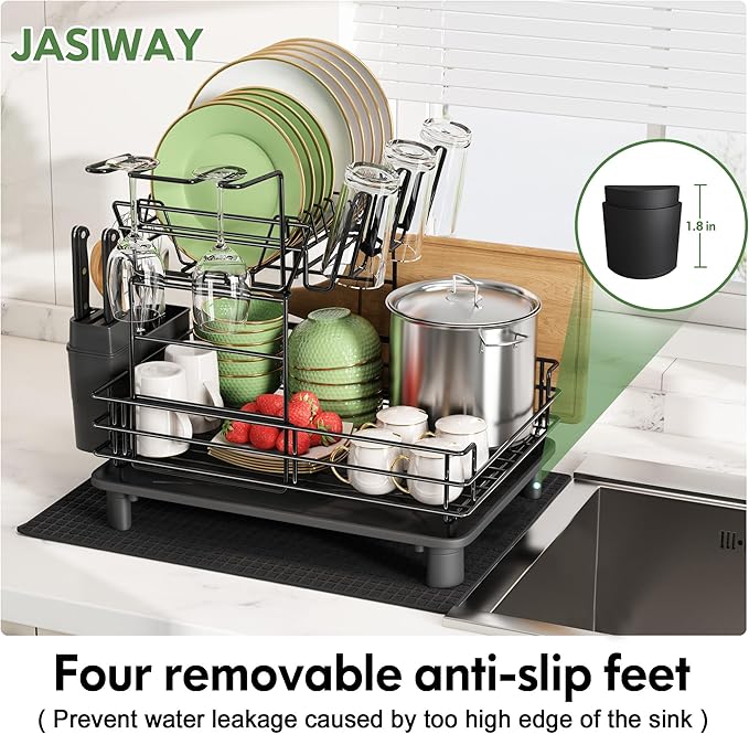 2 Tier Black Large Stainless Steel Dish Drainers Drying Rack for Kitchen Counter with Drainboard, Rust Proof Metal, Space Saving, Modern Aesthetic, Compact Plates Strainers with Extra Mat-CasaMuseHome