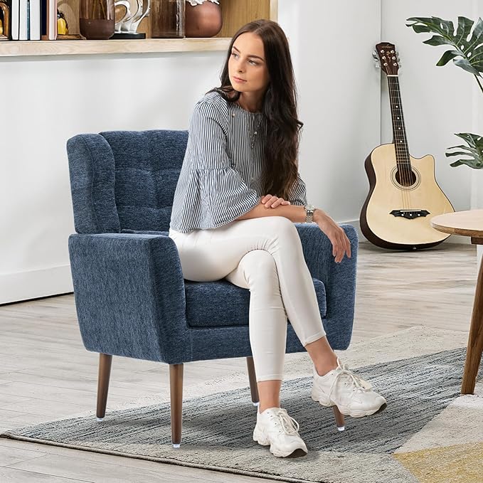 Accent Chair Set of 2, Upholstered Armchair with Pillow, Fabric Single Sofa Chair with Lounge Seat and Wood Legs Accent Chair for Living Room Small Spaces (Dark Blue, Set of 2)-CasaMuseHome