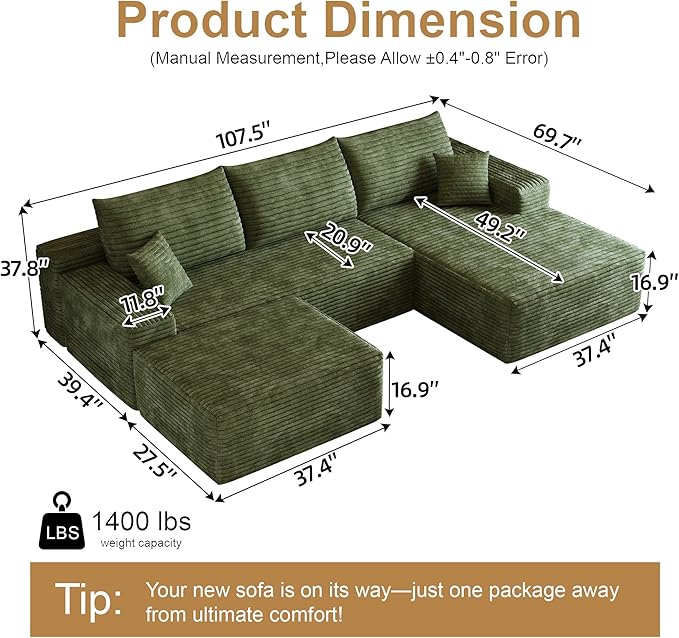 108" Sectional Couches for Living Room Modern Modular Sofa with L-Shape Couchs Upholstered Boneless Couch Deep Seat Sectional Couch with Chaise (Green, Right Facing Chaise+2Seaters+1Ottoman)-CasaMuseHome