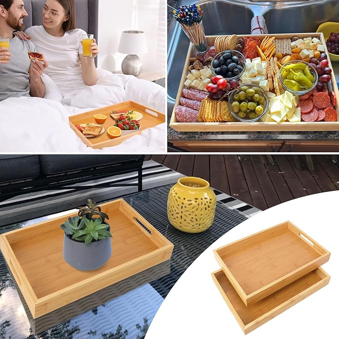 3 Pack Large Bamboo Serving Tray with Handles, 14 x 10 inch Wooden Dinner Tray, Home Kitchen Breakfast Trays for Living Room Bedroom Kitchen Dinner Table, Picnic-CasaMuseHome