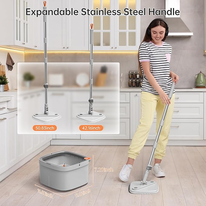 KZKR Spin Mop and Bucket Set with Self Separation Dirty and Clean Water System, Self Wringing 360° Rotating Square Mop Head for Home Floors Cleaning (1.0 Mop and Bucket Set (6 Pads))