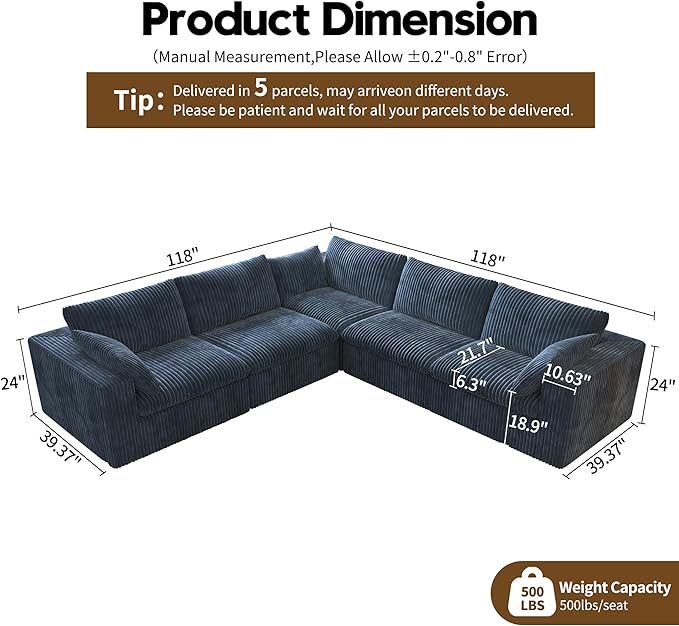 118" V Shaped Corner Modern Sofa Modular Sectional Cloud Couch,Deep Seat Upholstered Couches with Plush Corduroy Fabric for Living Room Furniture,Bedroom and Apartment,No Assembly Required,Blue-CasaMuseHome
