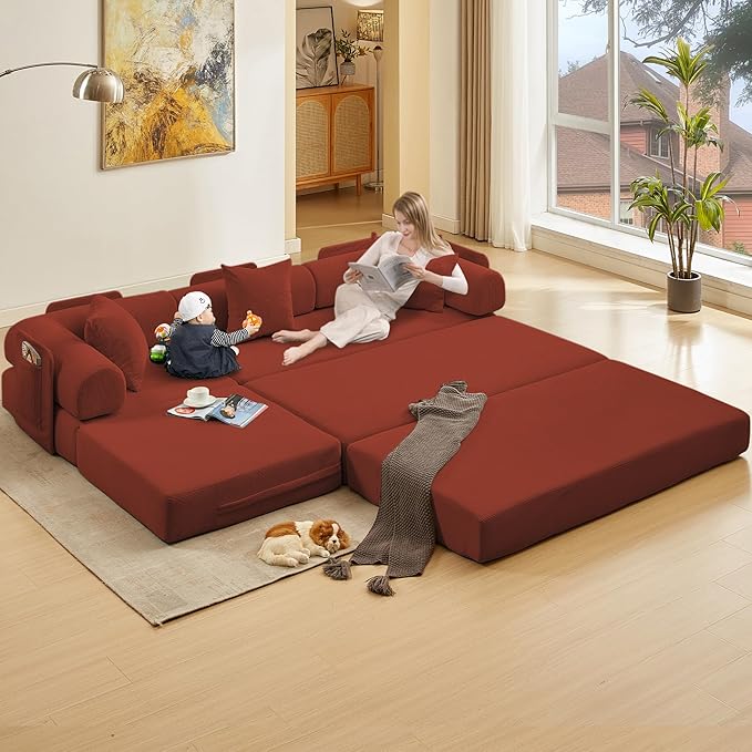 107" Oversized Convertible Sleeper Sofa Bed, Corduroy L Shape Sectional Couch, Folding Sofa Bed with Side Pocket, Modern Cloud Floor Mattress Couch, Modular Sofa for Living Room, Red-CasaMuseHome