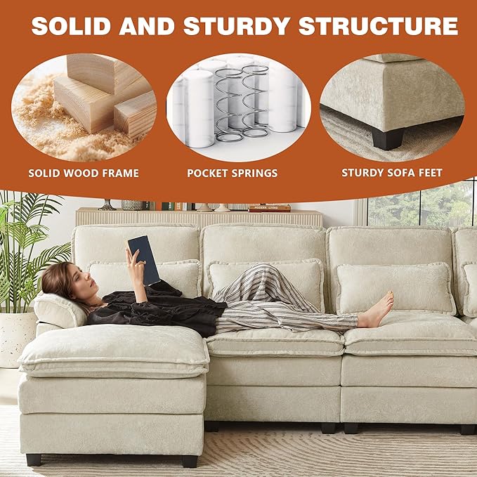 113" Oversized Cloud Couch, U Shape Sectional 4 Seat Sofa with Double Chaises, 2 Layer Cusions, Deep Seat Comfy Sofa, Upholstery Chenille Fabric for Living Room, Beige-CasaMuseHome