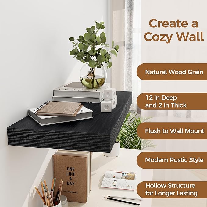 12 Inch Deep Black Floating Shelves, 24 x 12 Floating Shelf for Books, Rustic Wood Deep Wall Shelves for Home Storage & Display, 2" Thicked Shelves for Kitchen, Living Room, Bedroom, 2 Pack-CasaMuseHome