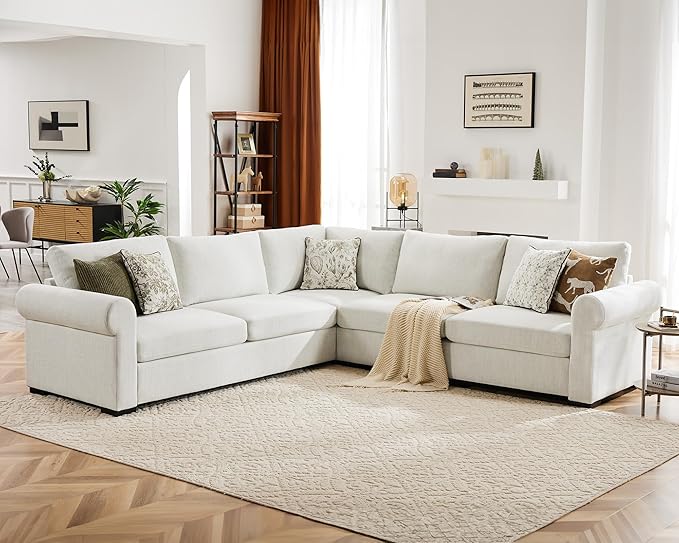 L Shaped Sectional Sofa with Ottoman,Rolled Armrest,Modern Sectional Modular Couch for Living Room,Breathable Linen Fabric Corner Couch with 7 Seats for Apartment,Removable Sofa Cushion,Ivory-CasaMuseHome