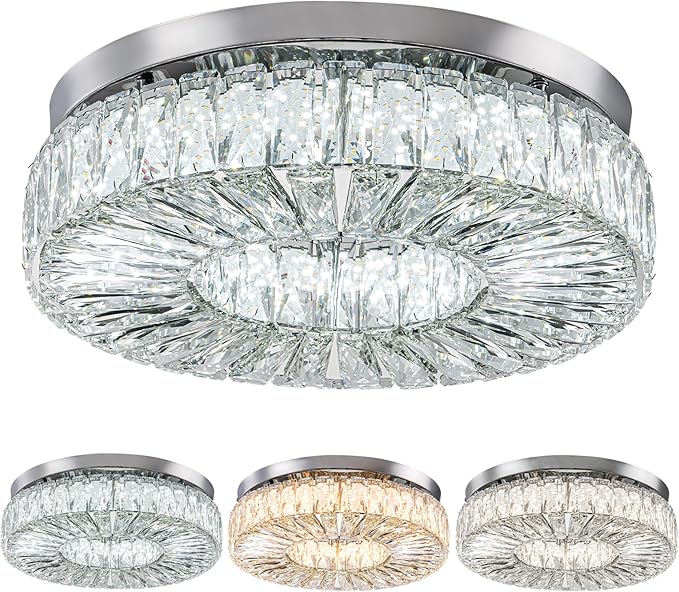 16.5 Inch Dimmable Chandelier with Remote Control LED Crystal Chandelier Modern Flush Mount Ceiling Light Fixtures for Living Room Bedroom Dining Room Entrance (dimmable-16.5")-CasaMuseHome