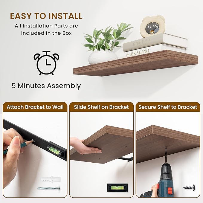 36 Inch Floating Shelves, 9.3 Inch Deep Rustic Wall Shelves - Extra Deeper Wall Mounted Storage Shelves for Bathroom, Kitchen, Living Room (Walnut, Set of 2)-CasaMuseHome