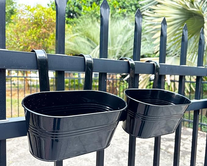 8 Pack Metal Hanging Planter for Outdoor Plants, 10 Inch Black Fence Planters Railing Pots for Garden Patio Balcony Decor, Flower Bucket with Detachable Hooks (Black, 8Pcs)-CasaMuseHome