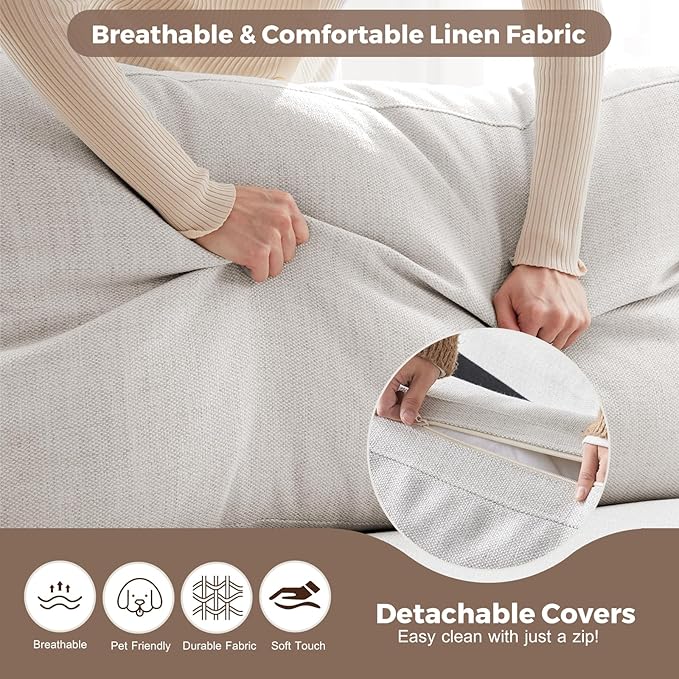 112" Modular Sectional Sofa, Large 7 Seater L Shaped Couch with Detachable Sofa Cover, Movable Ottoman, Deep Seat Corner Couch for Living Room, Apartment - Linen Fabric, Ivory-CasaMuseHome