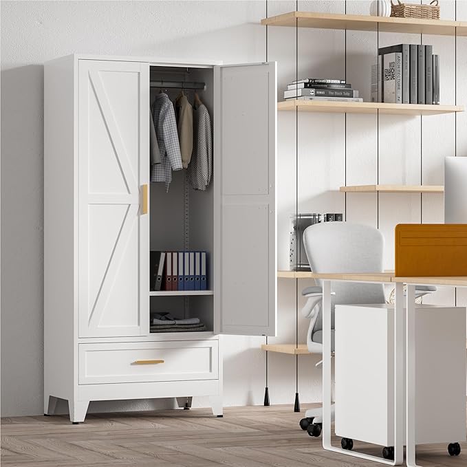 71'' Farmhouse Metal Wardrobe Cabinet with Hanging Rod, 2 Barn Door Wardrobe Closet with Adjustable Shelves,Drawer,for Dining Room,Bedroom,Living Room, Cloak Room,Office (White)-CasaMuseHome