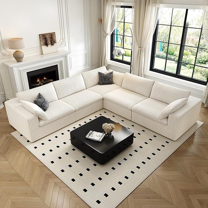 118" Cloud Couch Oversized Modular Sectional Sofa for Living Room,Modern Sofa with Deep Seat,V Shaped Boneless Couch,Comfy Upholstered Corduroy Couches for Apartment, Studio, Office,Bedroom,White-CasaMuseHome