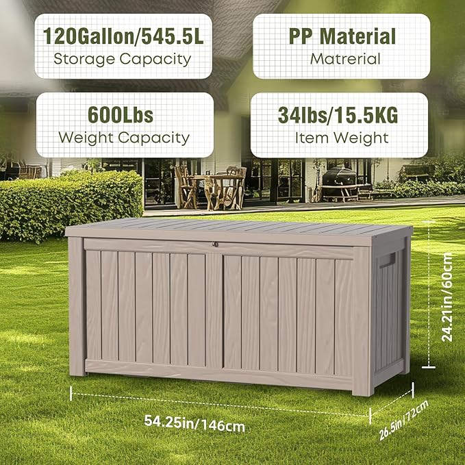 120 Gallon Outdoor Deck Box,Storage Lockable Waterproof Patio Furniture,Garden Tools,Cushions,Pool Accessories Outside Storage Resin Box(Grey)-CasaMuseHome