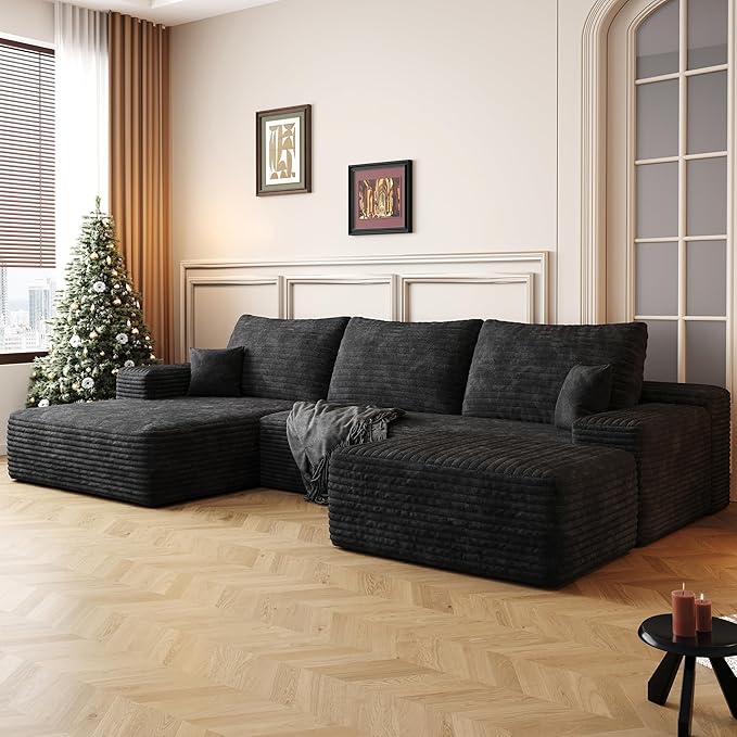 108" Sectional Couches for Living Room Modern Modular Sofa with L-Shape Couchs Upholstered Boneless Couch Deep Seat Sectional Couch with Chaise (Black, Left Facing Chaise+2Seaters+1Ottoman)-CasaMuseHome