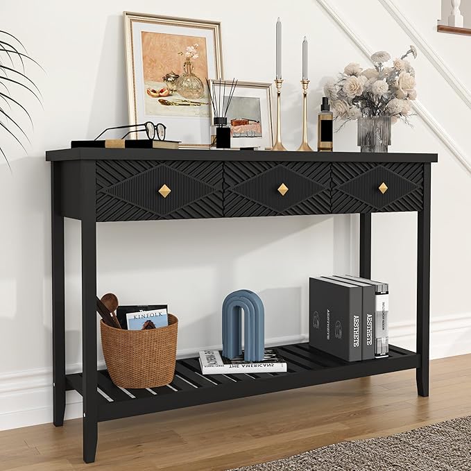 47" Console Table with 3 Drawers, Fluted Narrow Long Entryway Table with Storage Shelf, Accent Table for Entryway, Living Room, Behind Couch, Foyer, Hallway, Office-CasaMuseHome
