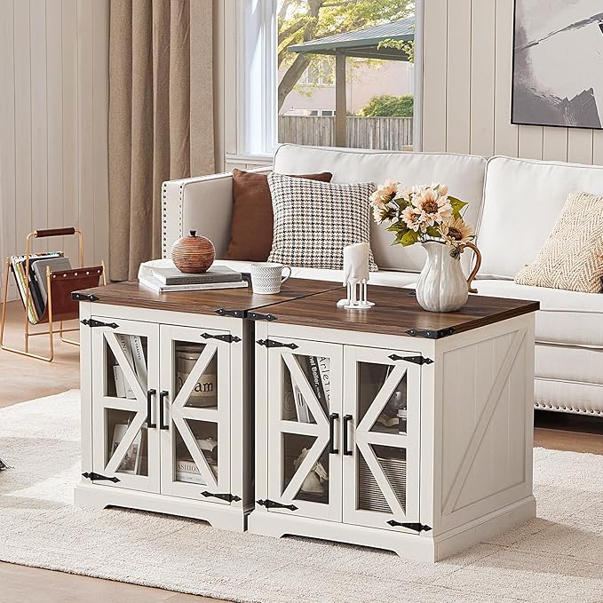 24" End Table Set of 2 with Charging Station, Farmhouse Night Stand with Glass Barn Door, Nightstands with Adjustable Storage Shelf, Large Wood Square Bed Side Table for Living Room,Bedroom-CasaMuseHome