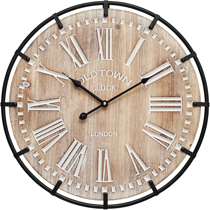 20 Inch Grand Farmhouse Wall Clock, Vintage-Inspired Wood & Metal Design with Large Etched Numbers, Silent Battery-Powered Timepiece for Offices, Kitchens, Bedrooms, and Living Rooms-CasaMuseHome