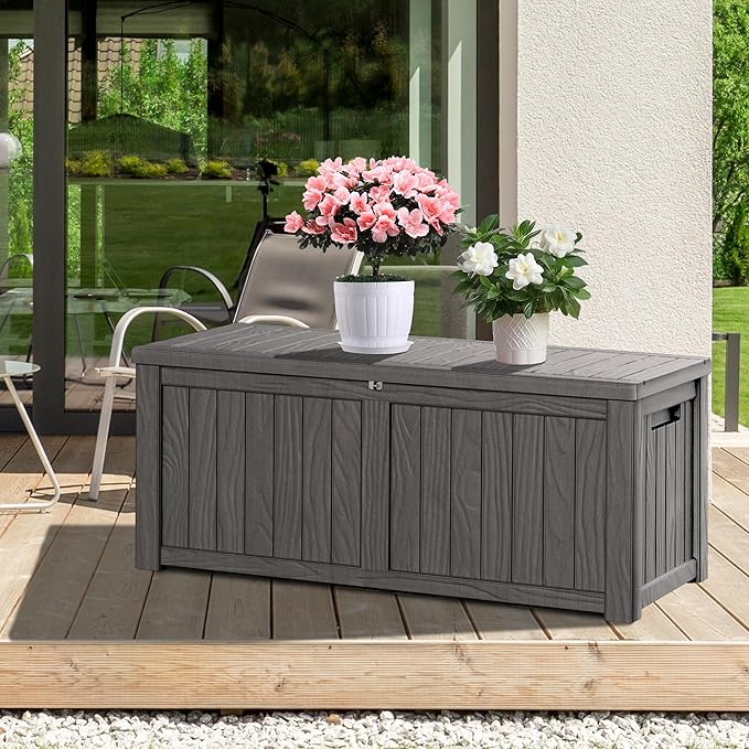 150 Gallon Resin Deck Box, Waterproof Outdoor Storage Bin for Patio Furniture, Pool Accessories, and Garden Tools, Lockable & UV-Resistant, Grey-CasaMuseHome