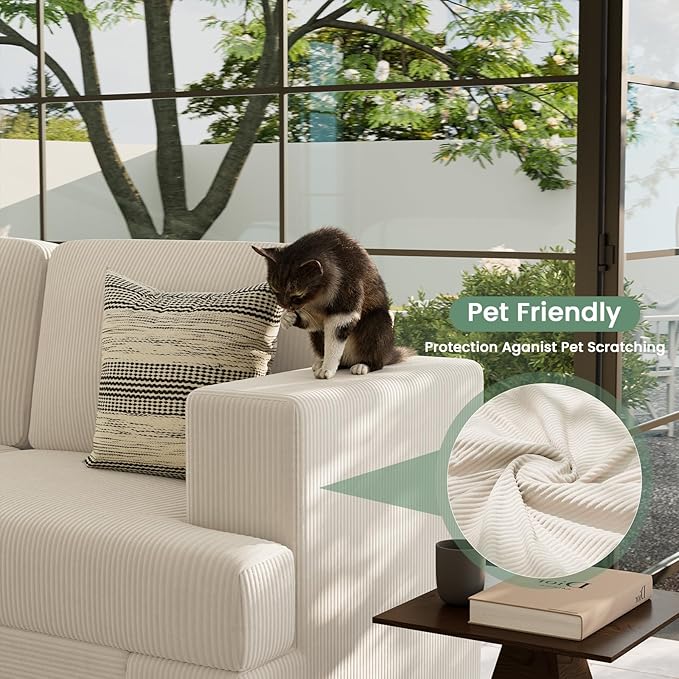 3 Pieces Corduroy Couch Set for Living Room, 3 Seater*2 & Loveseat Cloud Sofa, Deep Seat Floor Couch for Bedroom, Futon Modern Sofa Bed, White Corduroy-CasaMuseHome