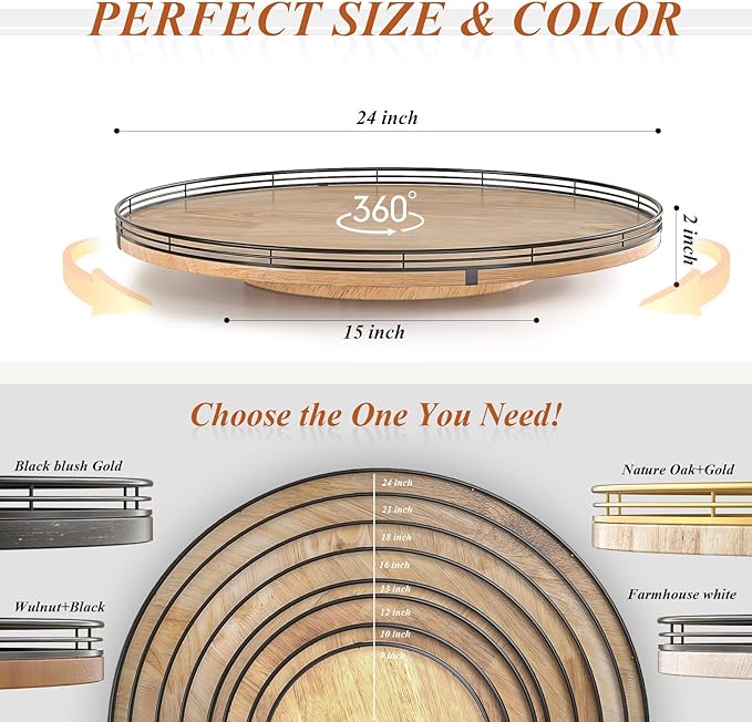 24" Lazy Susan Oak Wood Turntable Organizer for Cabinet, Farmhouse Round Wooden Large Lazy Susan Organization and Storage for Dining Table, Pantry, Kitchen, Countertop, Cupboard, Home Decor-CasaMuseHome