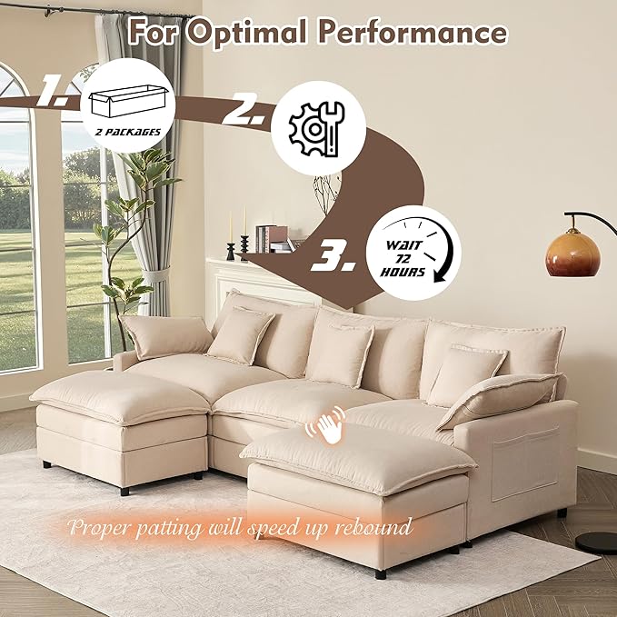 108" U Shaped Couch, Modular Sectional Sofa, 3-Seater Comfy Cloud Couch with Movable Ottoman, Deep Seat Couches for Living Room, Linen, Beige-CasaMuseHome