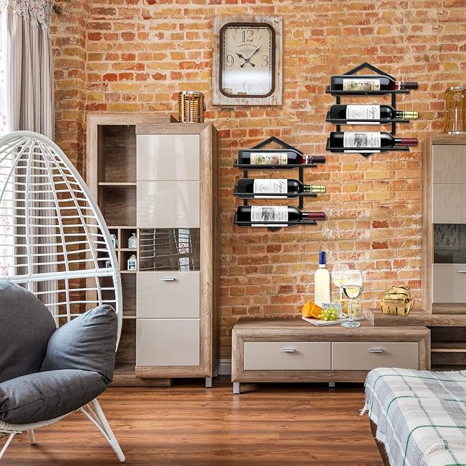 2Pcs Wall Mounted Wine Stemware Rack, Metal Hanging Wine Glass Display Holde Holds 3 Bottles, Elegant Storage for Kitchen Dining Room Bar Wine Cellar-CasaMuseHome