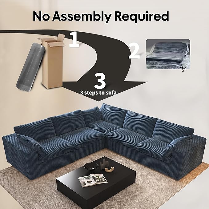 118" V Shaped Corner Modern Sofa Modular Sectional Cloud Couch,Deep Seat Upholstered Couches with Plush Corduroy Fabric for Living Room Furniture,Bedroom and Apartment,No Assembly Required,Blue-CasaMuseHome