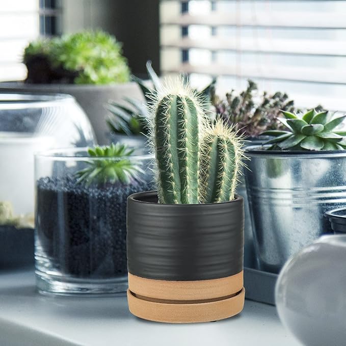 6 Inch Plant Pots, Ceramic Planter Pot with Drainage Hole & Saucer, Indoor/Outdoor Cylinder Round Planter Pot, Matte Black & Brown-CasaMuseHome