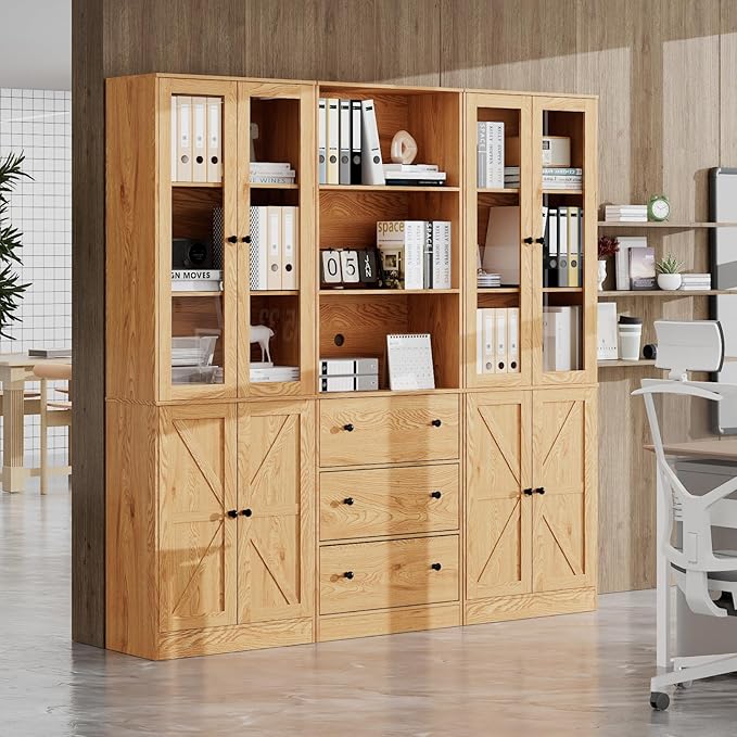 71" Tall Bookshelves Set of 3, 1 Bookcase with Drawers & 2 Bookshelves with Doors, Wooden Floor Standing Display Storage Shelves for Home Office, Living Room-CasaMuseHome