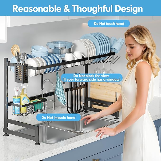 2 Tier Extra Large Stainless Steel Expandable Over The Sink Dish Drainer Drying Rack, Rust Proof Metal, Space Saving, Modern Black Big Capacity Extendable Plate Strainers Above Kitchen Counter-CasaMuseHome