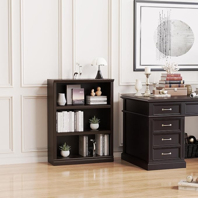 43 in Tall Bookcase, 3-Tier Bookshelf Open Storage, 33 inch Wide Floor Standing Indoor Furniture, Book Cases for Home School Library Office Bedroom Kids, Dark Cherry 3 Tiers-CasaMuseHome