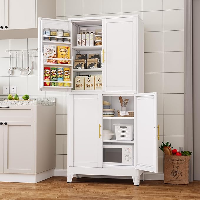74.8" Tall Metal Food Cabinet, White Kitchen Pantry Cabinet, Storage Cabinets with 4 Door and 4 Adjustable Shelves, Steel Freestanding Cupboard for Kitchen Dining Room Living Room Bathroom-CasaMuseHome