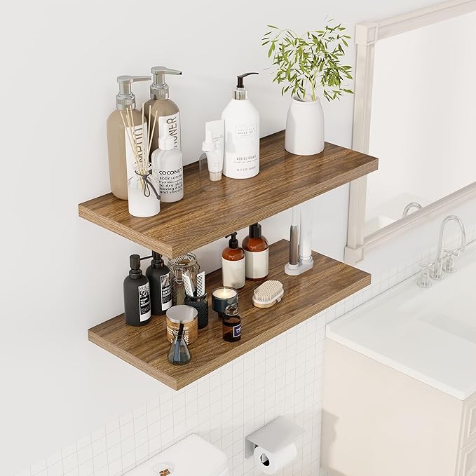 30" Floating Shelves for Wall, 12" Deep Slim Walnut Floating Shelves, Wall-Mounted Shelves for Bedroom, Living Room, Kitchen, Bathroom - Set of 2-CasaMuseHome