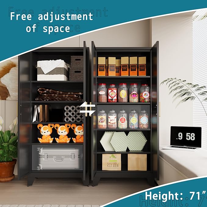 71'' Farmhouse Metal Storage Cabinet with Barn Doors,Steel File Cabinet for Home Office,Kitchen Pantry 4 Adjustable Shelves,Freestanding Cupboard for Kitchen,Home Office (Black)-CasaMuseHome